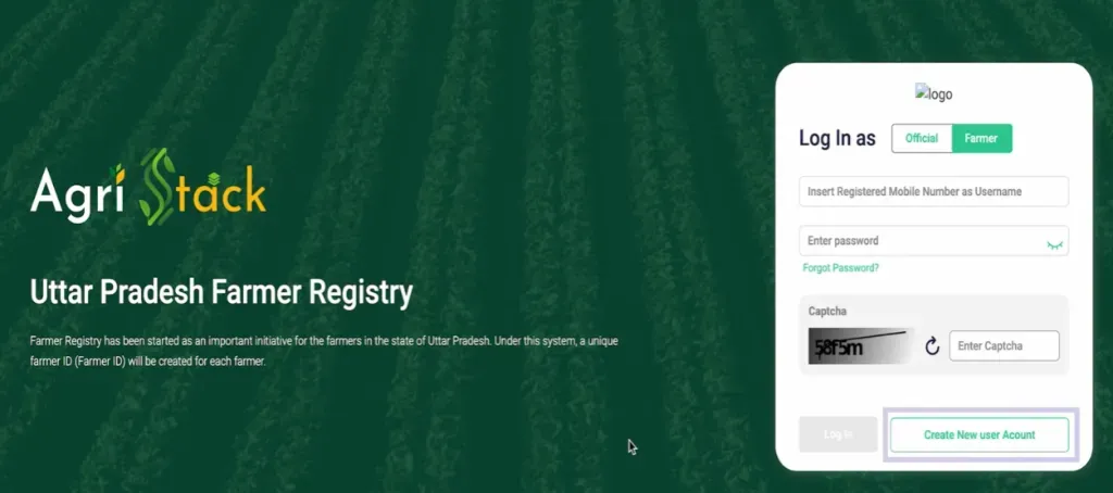 पोर्टल पर Create New User Account विकल्प
