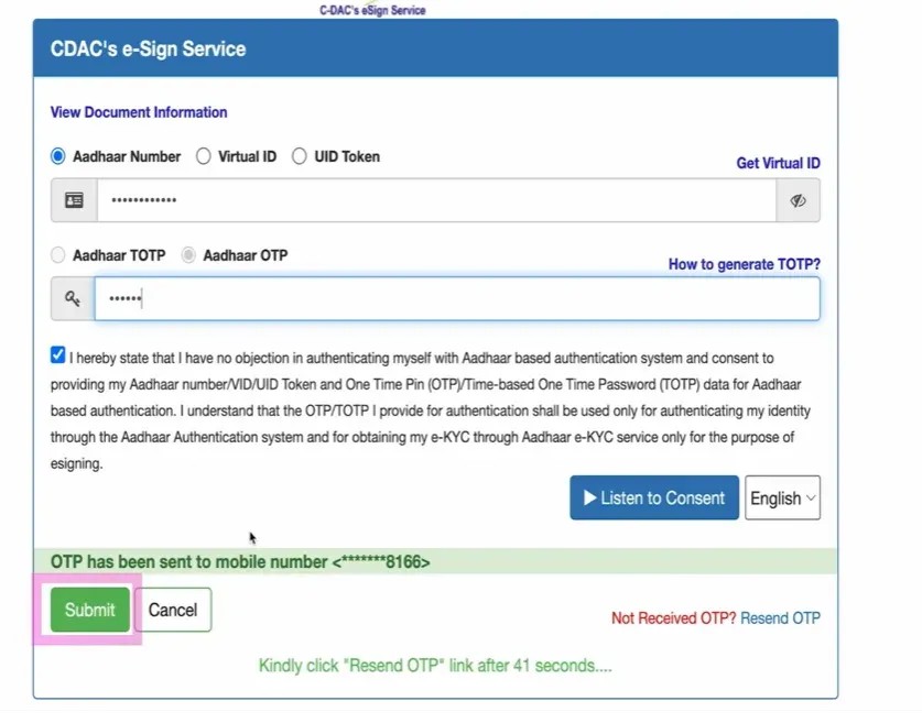 CDAC e-Sign Service आधार OTP सत्यापन