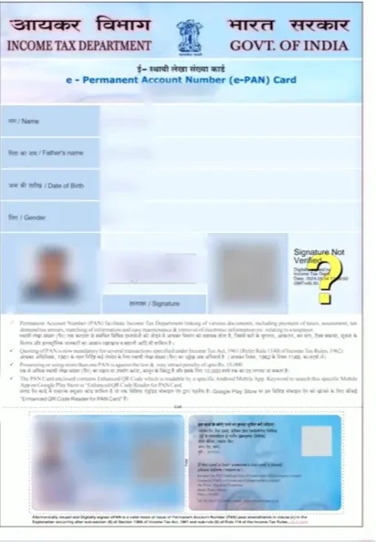 e-PAN Card PDF का नमूना