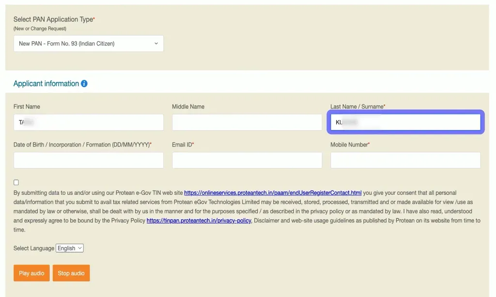 NSDL पैन कार्ड फॉर्म में Applicant Information नाम और जन्मतिथि दर्ज करने का पेज