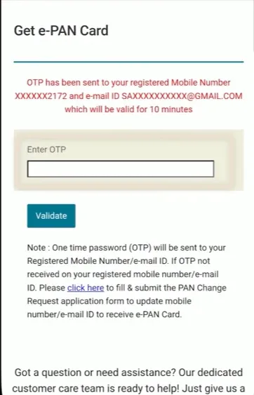 Protean e-PAN डाउनलोड पोर्टल पर OTP Verification और Validate स्क्रीन