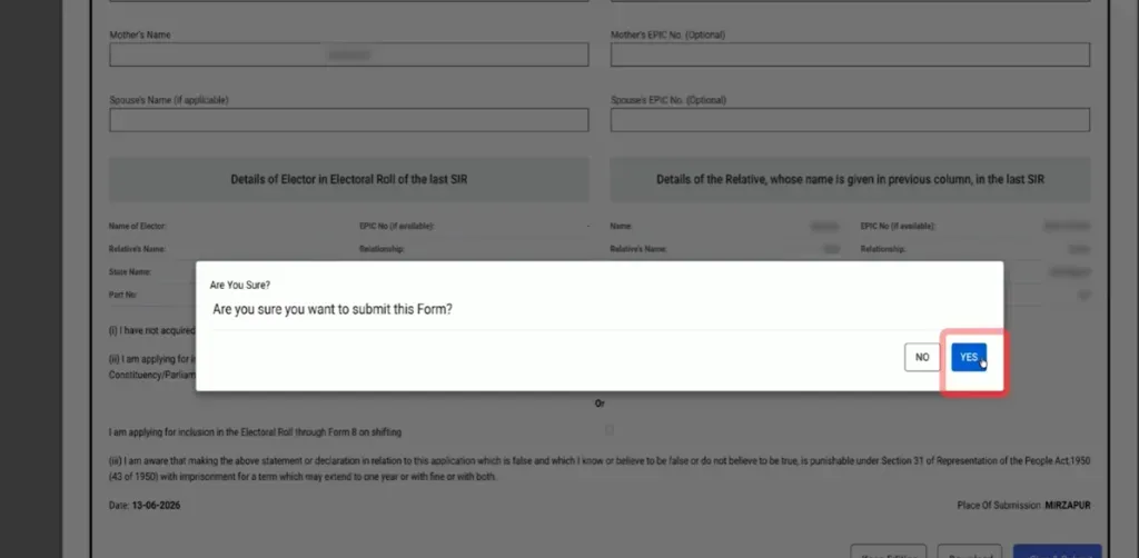 Voter ID Form 6 सबमिट करने के लिए कन्फर्मेशन पॉप-अप